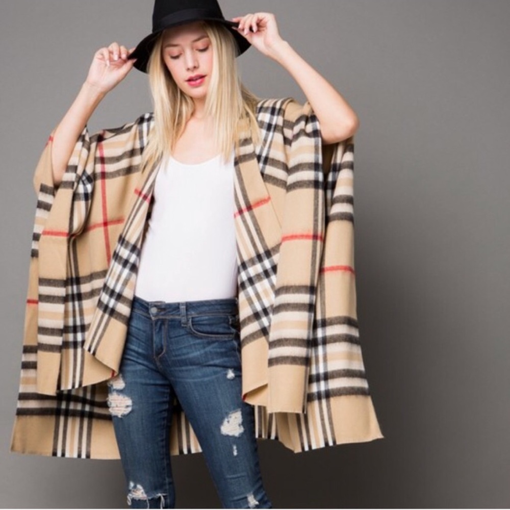 Classic Plaid Poncho Cardigan Scarf Wrap - Picture 3 of 8
